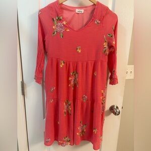 Kindred Anthro Coral Floral Embriodery Tiered Midi Dress